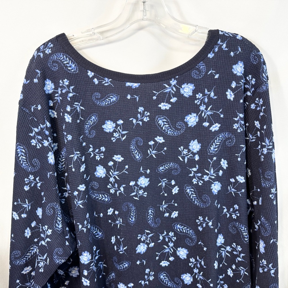 Woman‎ Within Plus Size 26/28W Thermal Top 2X Navy Blue Floral Waffle Knit 1532 - Picture 8 of 10